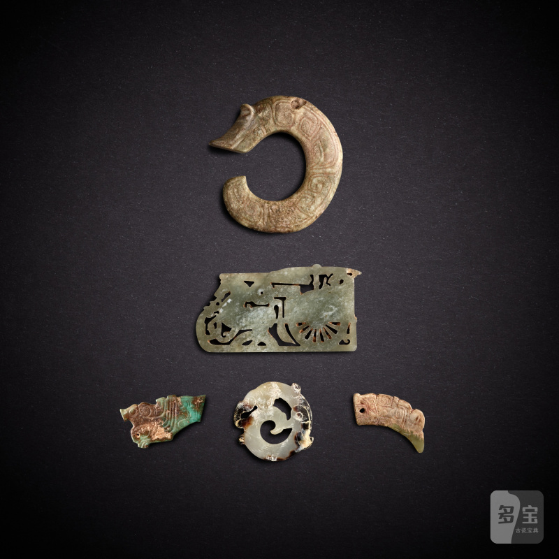Five jade and turquoise 'animal' carvings, Shang - Han dynasty | 商至漢 玉雕肖生紋飾五件
